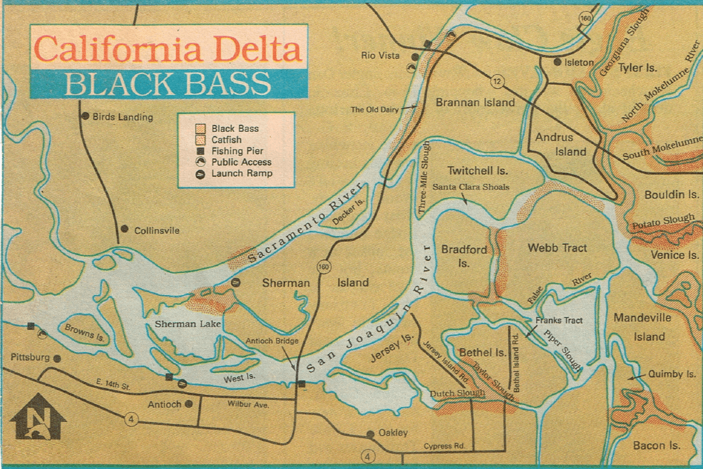 DELTA FISHING MAP WHERE LARGEMOUTH BASS BEST AREAS TO FIND BASS